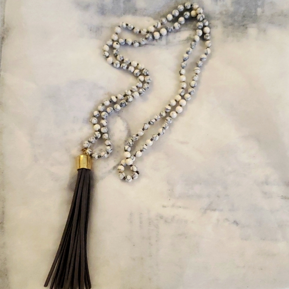 NEW Long Bohemian Mala Beaded Necklace with Leather Tassel Pendant
